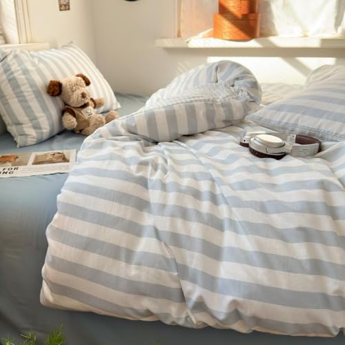 Image of Striped Duvet Cover Queen Size Blue White Stripes Reversible Bedding Set Vertical Striped Duvet Cover Set Soft Lightweight Microfiber Quilt Cover with Zipper Closure and 2 Pillowcases