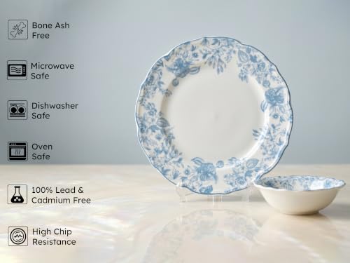 Image of Bodhi House Porcelain Dinner Set 12 Pieces - Blue Leaf White Dinnerware Set | 6 Dinner Plates, 6 Katori Bowls | Premium Crockery Set for Dining, Kitchen & Gifting