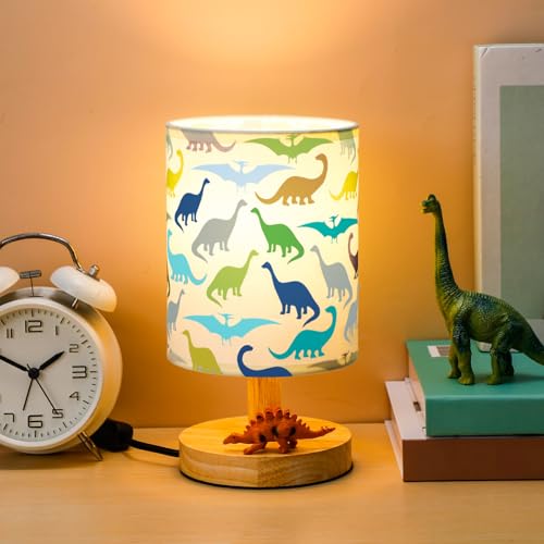 Image of VIHOSE Dinosaur Kids Table Lamp for Bedroom Kids Bedside Lamp with Linen Wooden Nightstand Cartoon Nursery Lampshade for Girls Boys Living Room