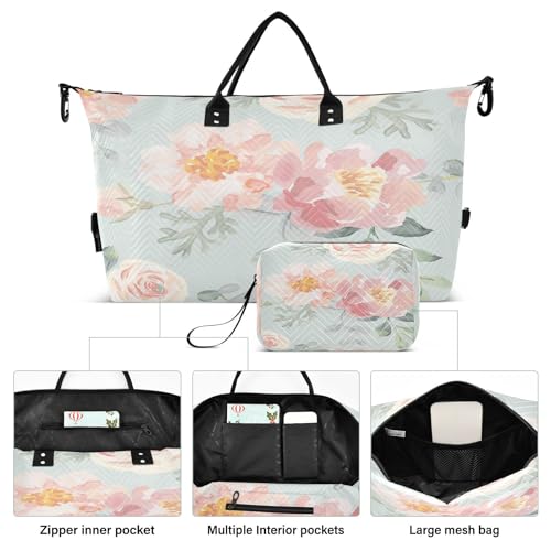susiyo Pale Pink Roses Peonies Expandable Travel Duffle Bag, Large Weekender Overnight Bags and Adjustable Strap, Carry On Shoulder Tote Bag, Gym Duffel Bag with Toiletry Bags for Hospital2