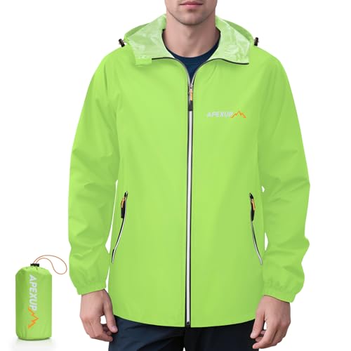 APEXUP Packable Rain Jacket Men with Reflective Zipper, Lightweight Waterproof Jacket Windbreaker Hooded Raincoat, Mens Rain Jackets for Outdoor, Running, Hiking, Travel, Cycling (Fluo Green, L)