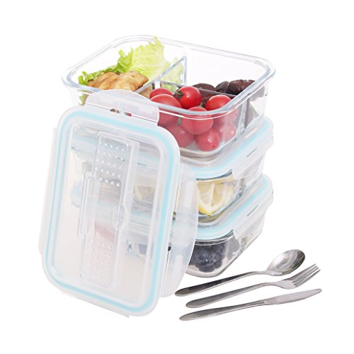 3 Pack Glass Meal Prep Containers 3 Compartment with Fitting Stainless Steel Cutlery in Compartment Lids BPA Free-Glass Food Prep Containers Lunch Containers Ideal for Portion-Control & Food Storage