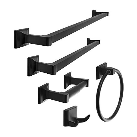 SENTO Cellar Classic Bathroom Accessories Set, Heavy Duty Metal Bath Hardware Set Wall Mounted, Includes Robe Hook, Toilet Paper Holder, Towel Ring, 18” & 24” Towel Bar (5-Piece, Matte Black) Cover
