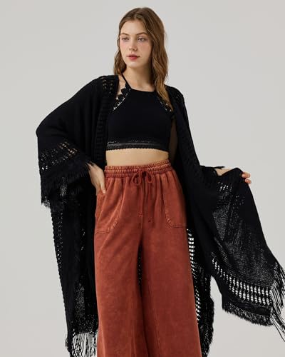 noflik Women's Boho Open Front Fringe Poncho Shawl Sweater Cardigan Long3
