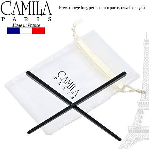 Camila Paris AD27/2 French Twist Stick Hair Pin, Set of 2 Black, Girls Chopsticks Hair Pins for Spiral Updo Bun, Fashion Flexible Durable and Styling Hair Accessories for Women, Made in France