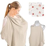 KASURE Pañuelo Lactancia Materna, Delantal Lactancia, 71 * 95cm Capa de Lactancia con Correas Ajustables, Cuidado de Privacidad de Cobertura Total, con 2 piezas Toalla para Babas(caqui)