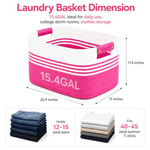 Image of 15.4GAL Rope Laundry Basket for Dorm, Cute Boho Square Woven Basket for Living Room Throws Pillow Blanket Storage, Short Dirty Clothes Hamper for Baby Girls Boys Toys Stuffed Animal Towel Hot Pink