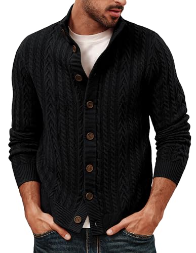 PJ PAUL JONES Mens Cardigan Sweater Button Down Stand Collar Cardigans Long Sleeve Cable Knit Sweaters Black