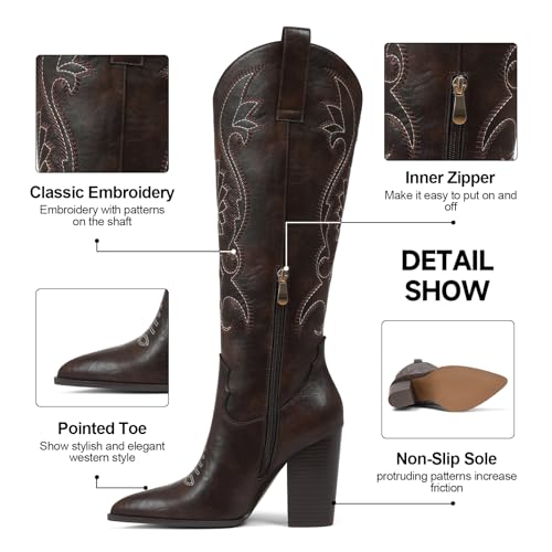 Image of VOMIRA Knee High Cowboy Boots for Women Pointed Toe Chunky High Heels Pull-on Embroidered Boots Western Boots Wide Calf Cowgirl Boots