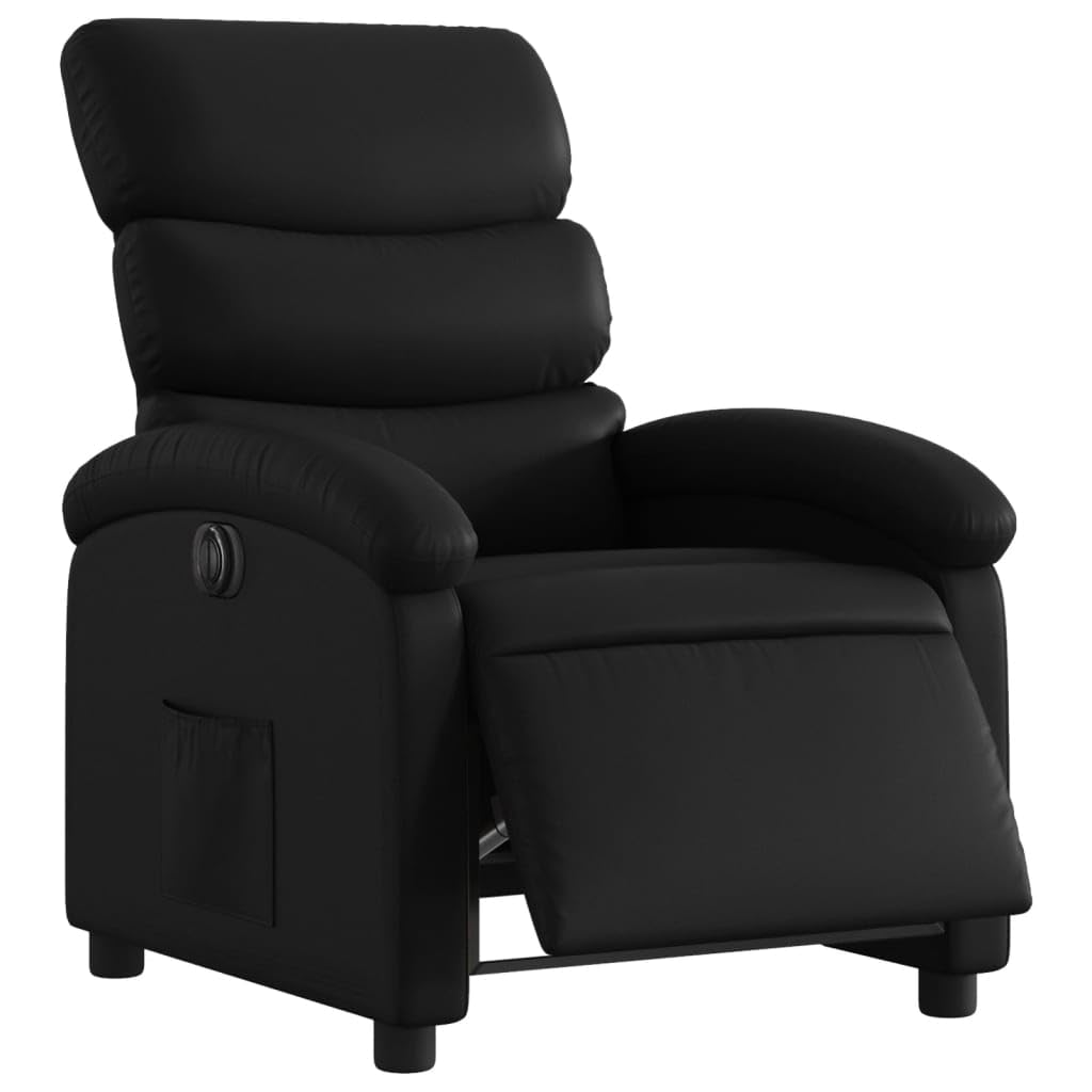 Fotel relaksacyjny, elektryczny, czarny, sztuczna skóra, z funkcją leżenia, regulowane oparcie i podnóżek, stabilna rama drewniana, ergonomiczny fotel telewizyjny do salonu i kącika do
