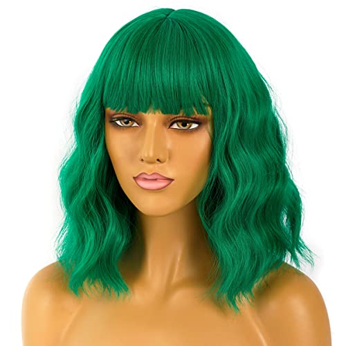 LANCAINI Short Bob Wigs with Bangs for Women Loose Wavy Wig Curly Wavy Shoulder Length Bob Synthetic Cosplay Wig for Girl Colorful Costume Wigs (Green) — view 2
