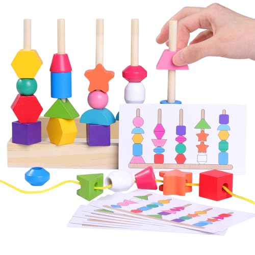 SILAIDESI Wooden Bead Sequencing Set for Seniors, Lacing & Stacking Activities, Memory Games for Elderly, Cognitive Aid for Adults