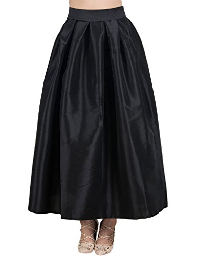 PERSUN Women's High Waist Flared Holiday Party Long Maxi Satin Skirt with Pockets(Black, Silver, Pink, Blue, Green)
