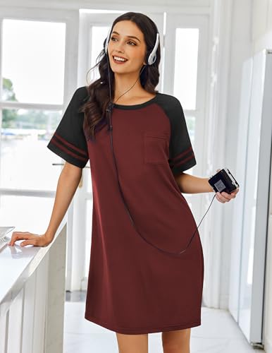 Image of Ekouaer Nightgowns for Women Color Block Sleep Shirt Short Sleeve Sleepwear