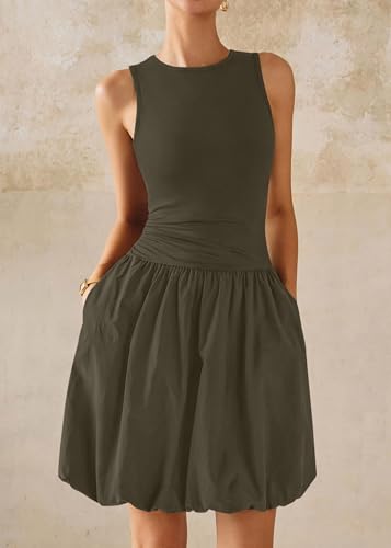 Image of KIRUNDO Summer Dresses for Women 2026 Cute Mini Sleeveless Bubble Dress | Stretchy Ruched Front Cinched Waist, Woven Balloon Skirt, Crewneck Tank Sundress With Pockets, Casual Party Vacation Outfits