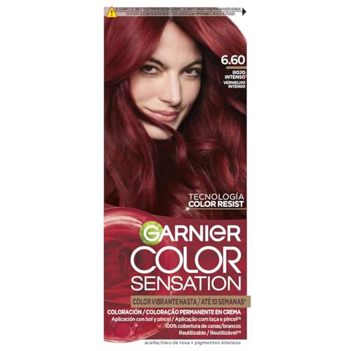 GARNIER - Pack 4 Color Sensation Tinte Permanente 6.60 Rojo Intenso, Color Intenso y Brillo Espejo, Cobertura 100% de Canas con Aceites Florales