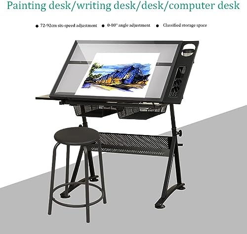 Folding Art Desk/Drafting/Drawing Table/Craft Desk with Adjustable Height 74-93Cm, 2 Drawers and 0-80° Tiltable Tabletop