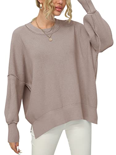 Anrabess Women's Long Sleeve Oversized Crew Neck Solid Color Side Slit Knit Pullover Sweater A305Hongxing-Xs #TOP2