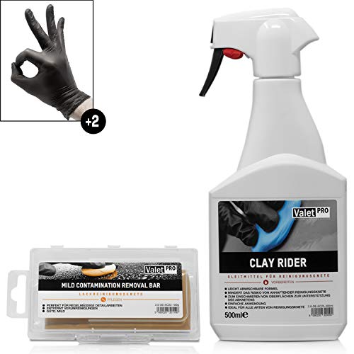 detailmate ValetPRO - Set di lubrificanti per la pulizia delicata della vernice auto Clay Rider flacone spray 500 ml lubrificante + plastilina detergente arancione mild Clay 100 g + guanti protettivi