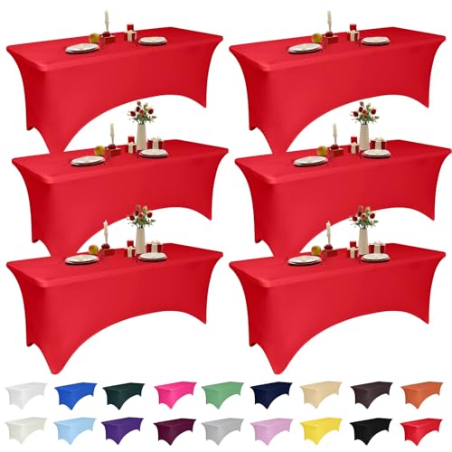 6 Pack 4 Feet Red Spandex Tablecloth for Rectangular Tables, Fitted & Stretch, Washable, Wrinkle Resistant, Perfect for Event, Wedding, Party, Banquet, Cocktail, Festival, and Table Protector