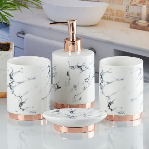 Image of SaSaSa Ceramic Bathroom Accessories Set of 4 Modern Bath Set with Soap Dispenser & Toothbrush Holder, Luxury Home & Gift Idea, White /Gold (9600)