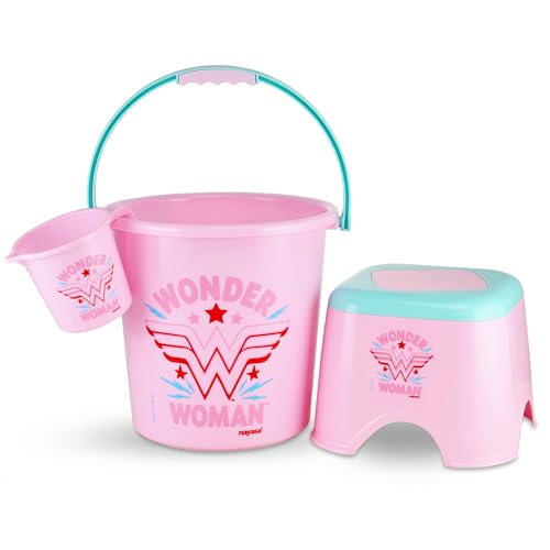Image of Nayasa Kids Wonder Women Print Bathroom Set of 3 | 18 LTR Bucket, 1 LTR Mug and Stool Combo for Children | Sturdy and Durable | Lightweight and Rigid | Easy to Clean and Attractive Design | Pink