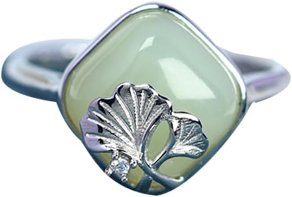 S925 Silver-Inlaid Natural Cyan White Jade Square Ring Opening Adjustable Including Certificate 1