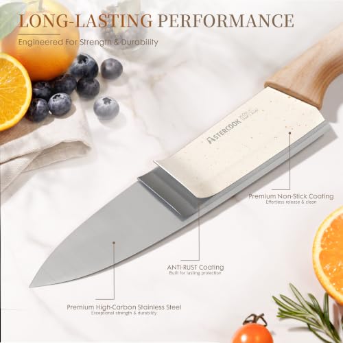 Image of Astercook Knife Set, 13 Pieces Kitchen Knives Set with Ceramic Coating, Stainless Steel Chef Knife Sets with 6 Blade Guards, Dishwasher Safe Knives with Wood Grain Handle, Elegant White