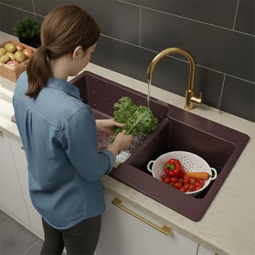 Image of EVANEX Quartz Kitchen Sink|Double Bowl Sink for Kitchen|Topmount /Undermount Kitchen Sinks|Brown Double Sink with Connector, Waste Pipe, Coupling and Drain Basket|34x20x9 Granite Kitchen Sinks