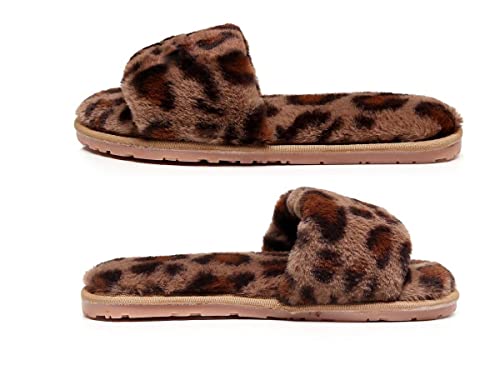 Crazy Lady Women's Fuzzy Fluffy Furry Fur Slippers Flip Flop Open Toe Cozy House Sandals Slides Soft Flat Comfy Anti-Slip Spa Indoor Outdoor Slip On (5.5-6.5 Narrow, 05/Coffee) #TOP4