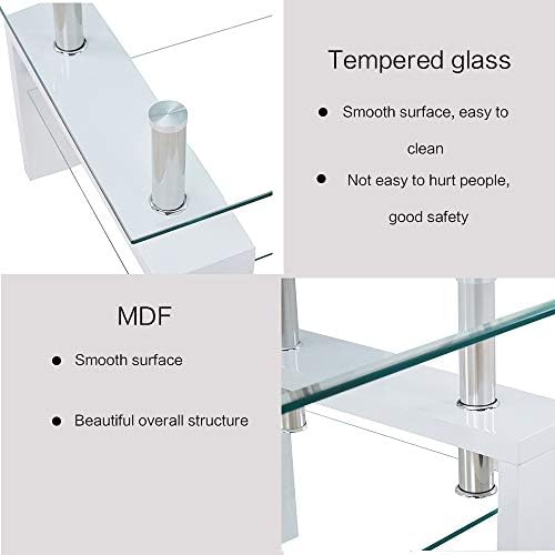 GOLDFAN Modern High Gloss Coffee Table Rectangle Glass Side End Table for Living Room Furniture,2 Tiers,Storage,White