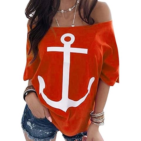 SOMTHRON Women's Off Shoulder T-Shirt with Anchor Print Bat Sleeves Summer Shirt Off Shoulder Top + Striped Skirt - - XXXXXL Cover
