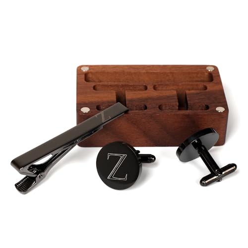 Image of Mens Initial Cufflinks and Tie Clip A-Z Alphabet Letter Black Stainless Cuff Links Tie Bar with Engraved Walnut Wood Box Groom Groomsman Wedding Set