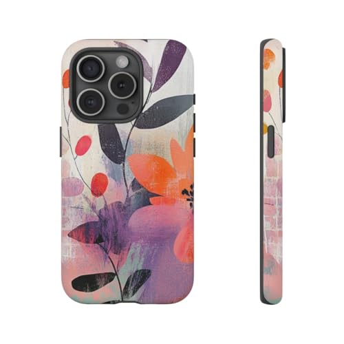 Coque de luxe rigide mate iPhone 15 Pro aux formes florales abstraites orange
