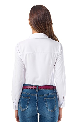 Atnlewhi Women Basic Long Sleeve Button Down Shirts Simple Pullover, White, M