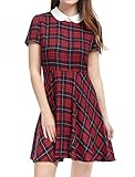 Allegra K Women Plaids Contrast Peter Pan Collar Puff Sleeves Above Knee Dress Large Red
