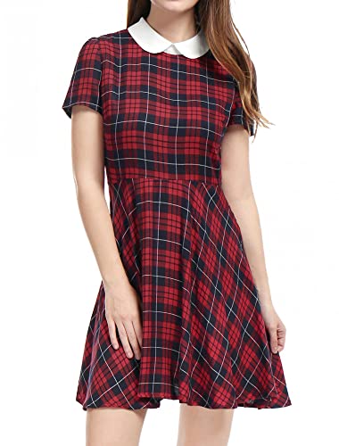 Allegra K Women Plaids Contrast Peter Pan Collar Puff Sleeves Above Knee Dress Large Red