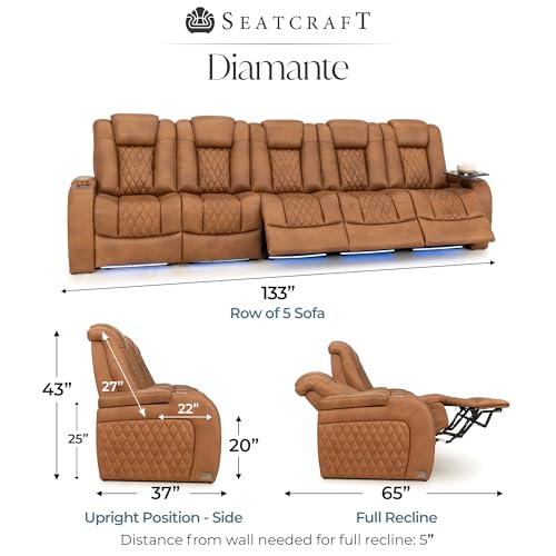Image of Seatcraft Diamante Tawny Italian Leather Home Theater Seating, Zero Gravity Power Recliner Gaming and Home Office Chair, Powered Headrest Lounge Sofa Furniture for Cinema Room, Row of 5 Sofa