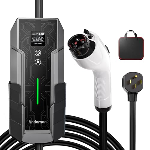Andeman Level 2 EV Charger Portable 32Amp,7.68KW Electric Vehicle Charger 240V,SAE-J1772 and NEMA 14-50 Plug, Scheduled Charging,Adjustable Current, 21 FT Cable for EV and Hybrid Vehicles,Black