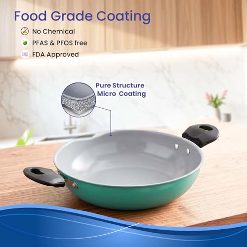 Image of DOZY Elite Premium Non-Stick Deep Kadhai with Cool-Touch Handles, Aqua, 28 cm,1L Capacity, Gas and Induction Compatible