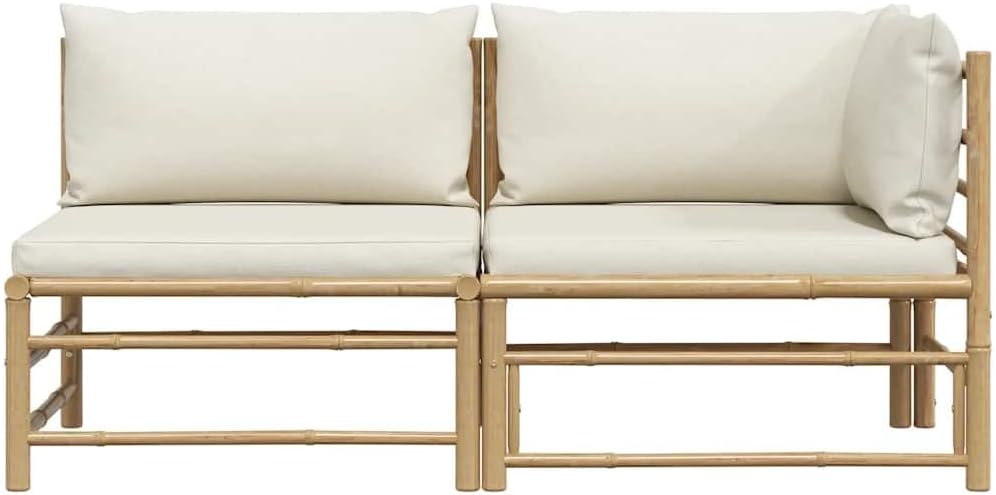Modular Outdoor Bamboo Sectional Sofa, Cream White Fabric Middle Seat for Patio, Garden, and Backyard Lounge Set, 27.6 x 27.6 x 23.6 Inches