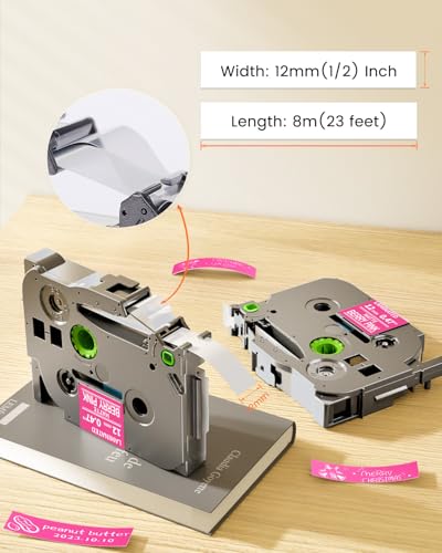 Image of Pink Label Maker Tape Replacement for Brother P-Touch Label Tape TZe-MQP35 | White on Berry Pink TZ 12mm 0.47 Laminated Matte for Ptouch PT-D210 D220 H100 H103w H110 D400 D600, 12mmx 8m 26.2ft, 3 Pack