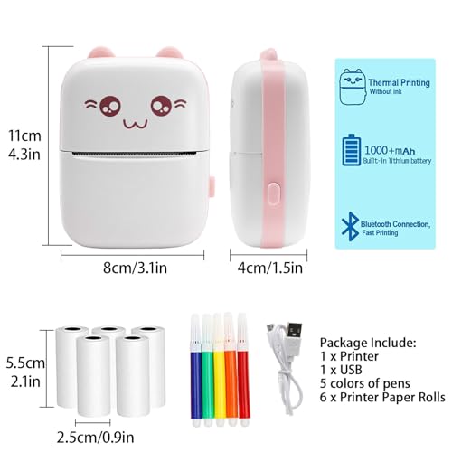 Mini Drucker, Fotodrucker für Smartphone, Bluetooth Label Printer mit 5 * Thermodruckpapier und 5 * Aquarellstifte, für Lernen, Studiennotizen, Anatomische Diagramme, Fotos