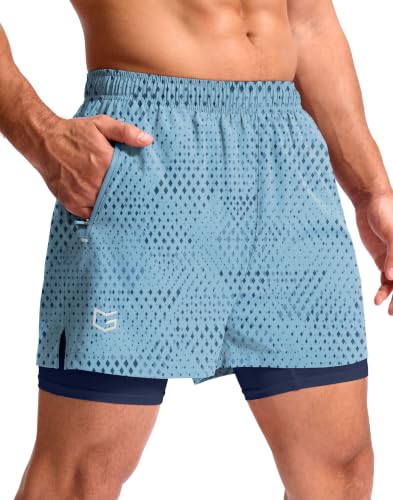 Men's Running Gym Shorts with Compression Liner 5"(Blue Geometry,L5_M)