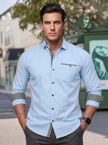 Image of Men's Cotton Blend Shirt with Solid Long Sleeves Spread Coller Neck Regular Fit Single Chest Pocket and Standard Length | Cotton Casual Shirt for Man