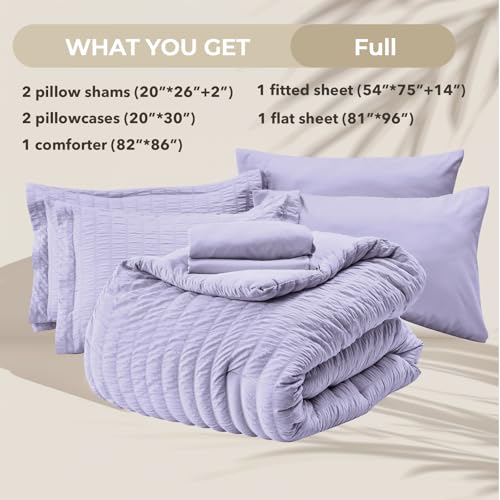 Image of HYMOKEGE Light Purple Full Size Comforter Sets Seersucker 7 Pieces, All Season Luxury Bed in a Bag for Bedroom, Bedding Set with Comforter, Sheets, Pillowcases & Shams