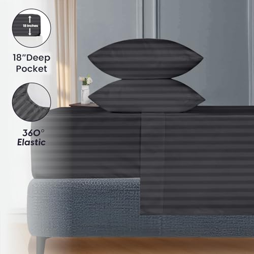 Image of SGI 80 inchx98 inch 4 Pc Texas King Sheet Set 600 TC 18 inch Deep, Dark Gray Stripe