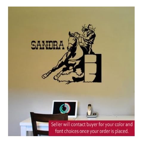 aluckyhorseshoe Horse Decal, Barrel Racer Wall Sticker, Girls Bedroom Decor, Teen Rodeo Decal-Name Decal-Childs Personalized Wall Sticker-Western Wall Decor (31 X 31 inches) Cover