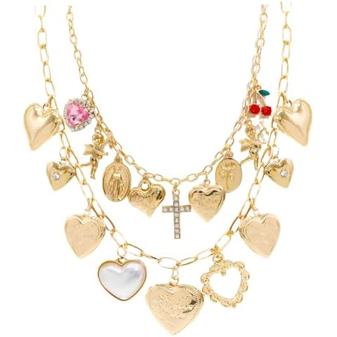 JNF 18K Gold Chain Necklace for Women Boho Coin Heart Butterfly Cross Pendent Charm Necklace Gold Link Chain choker Necklace Christmas Jewelry Gift (Trendy Style Two Strands) Cover