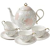Taimei Teatime Vintage Procelain Tea Sets of 9, 37.2 oz Teapot Set with Infuser and Lid, Tea Cup and Saucer Set of 4 in British Style, Floral Tea Set Gift for Women